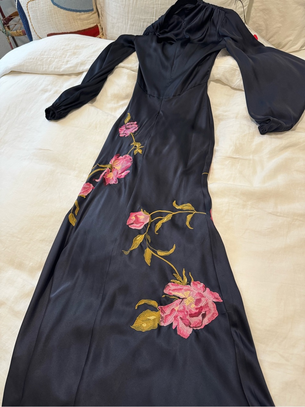 ASOS Navy Satin Long Sleeve Floral Embroidered Gown - Picture 6 of 7